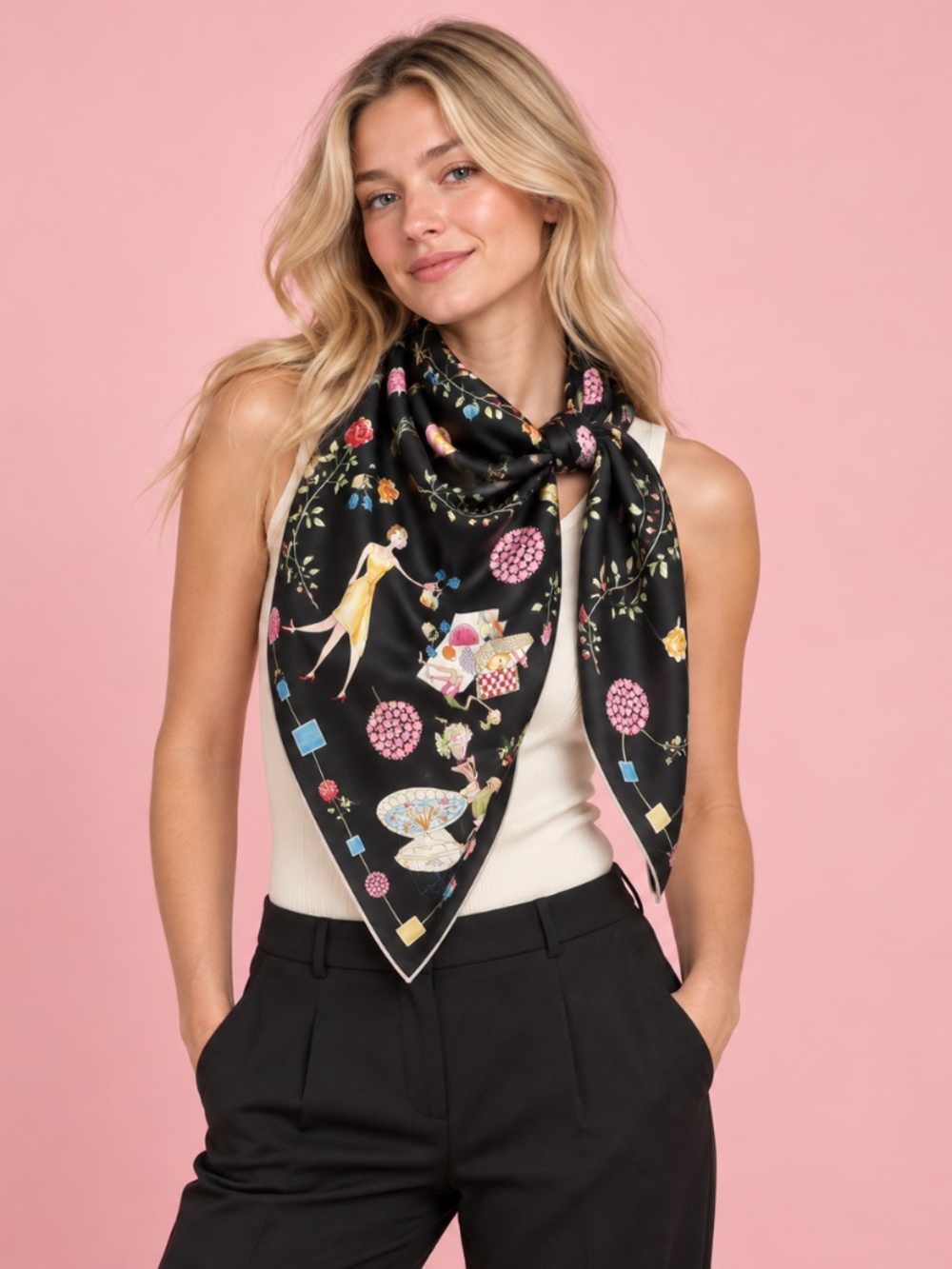 Vintage “Secret Garden” Silk Square Scarf by Echo New York.